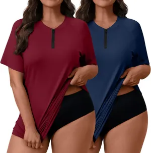 2 Pack Women's Plus Size Quick Dry Rash Guard Half Zip Swimsuit Short Sleeve Swim Shirt Tops Sun Protection