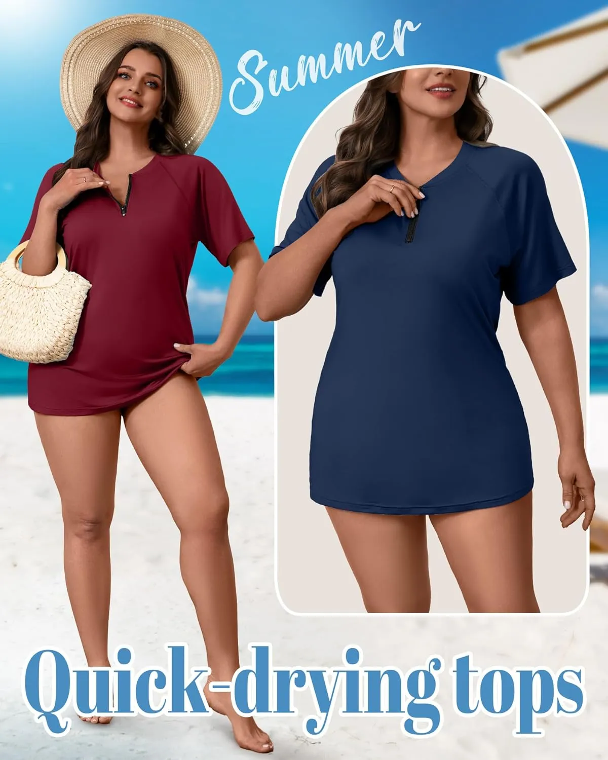 2 Pack Women's Plus Size Quick Dry Rash Guard Half Zip Swimsuit Short Sleeve Swim Shirt Tops Sun Protection