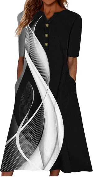 2025 Women Fashion Printed Dresses Button V-Neck Short Sleeve Casual Side Pocket Flowy Dresses Novelty Summer Clothes