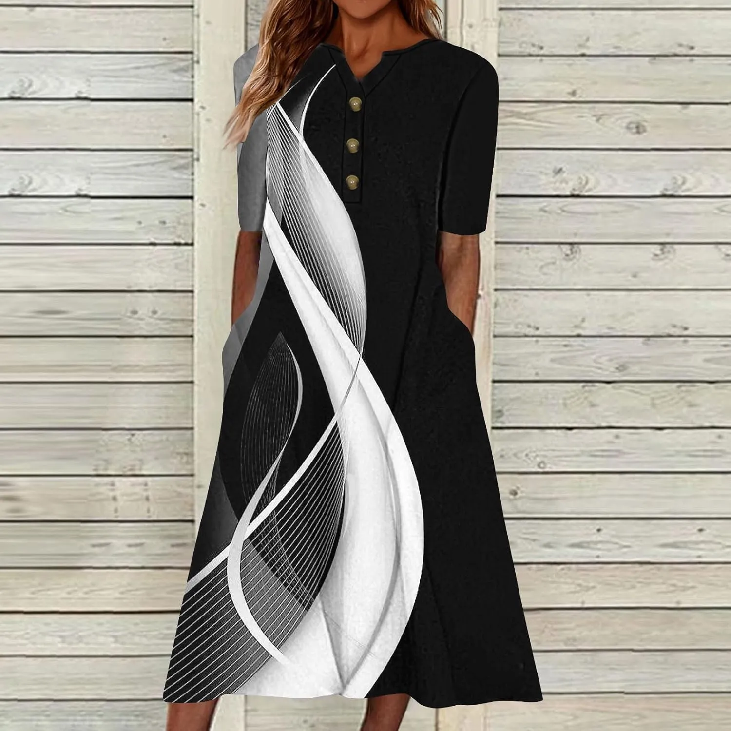 2025 Women Fashion Printed Dresses Button V-Neck Short Sleeve Casual Side Pocket Flowy Dresses Novelty Summer Clothes