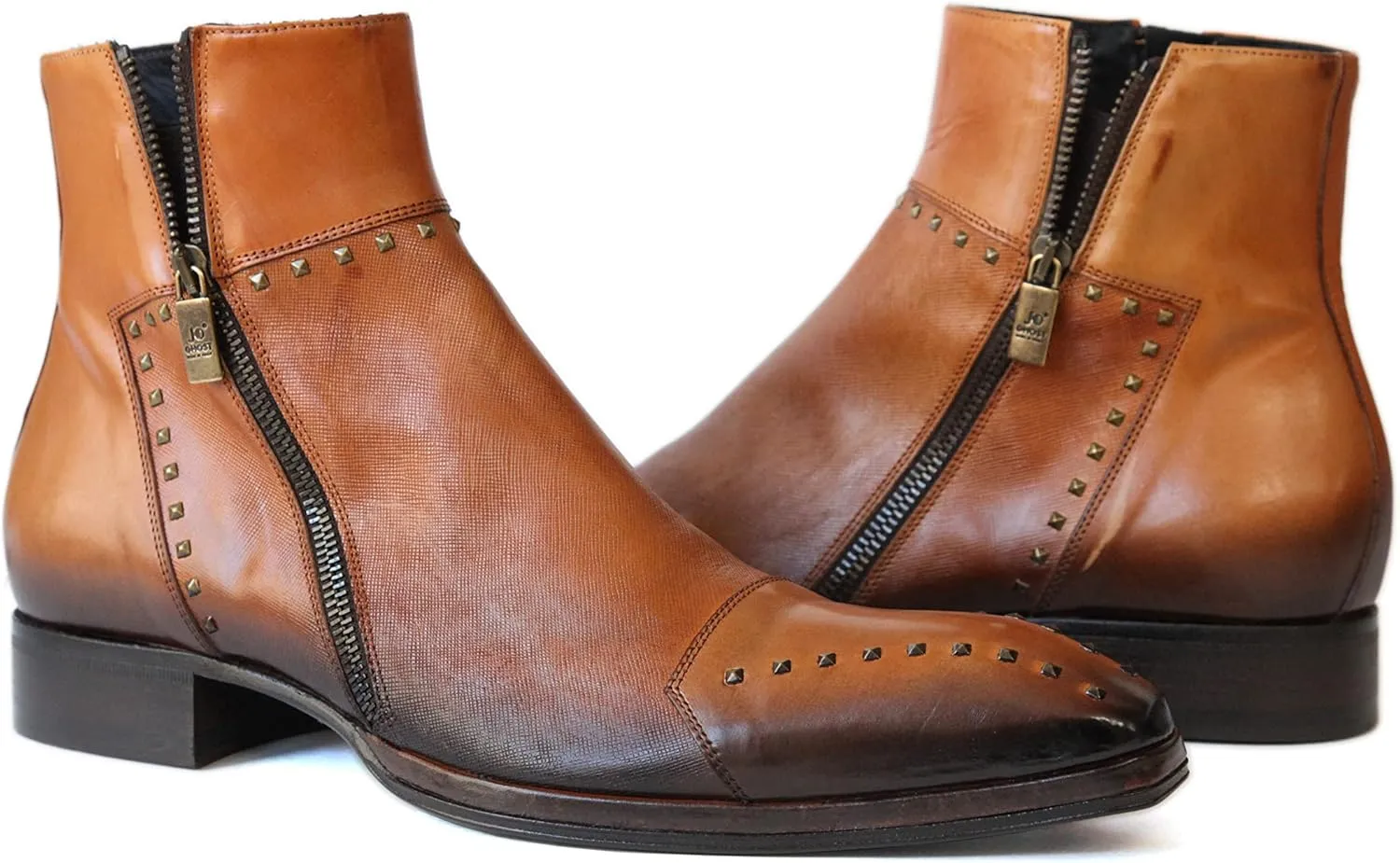 3516 Italian Cognac/Lazer Cut Leather Boots with Studs and Zippers