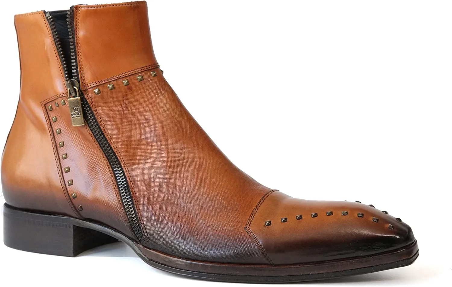 3516 Italian Cognac/Lazer Cut Leather Boots with Studs and Zippers