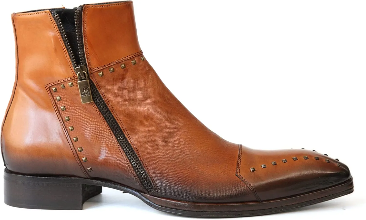 3516 Italian Cognac/Lazer Cut Leather Boots with Studs and Zippers