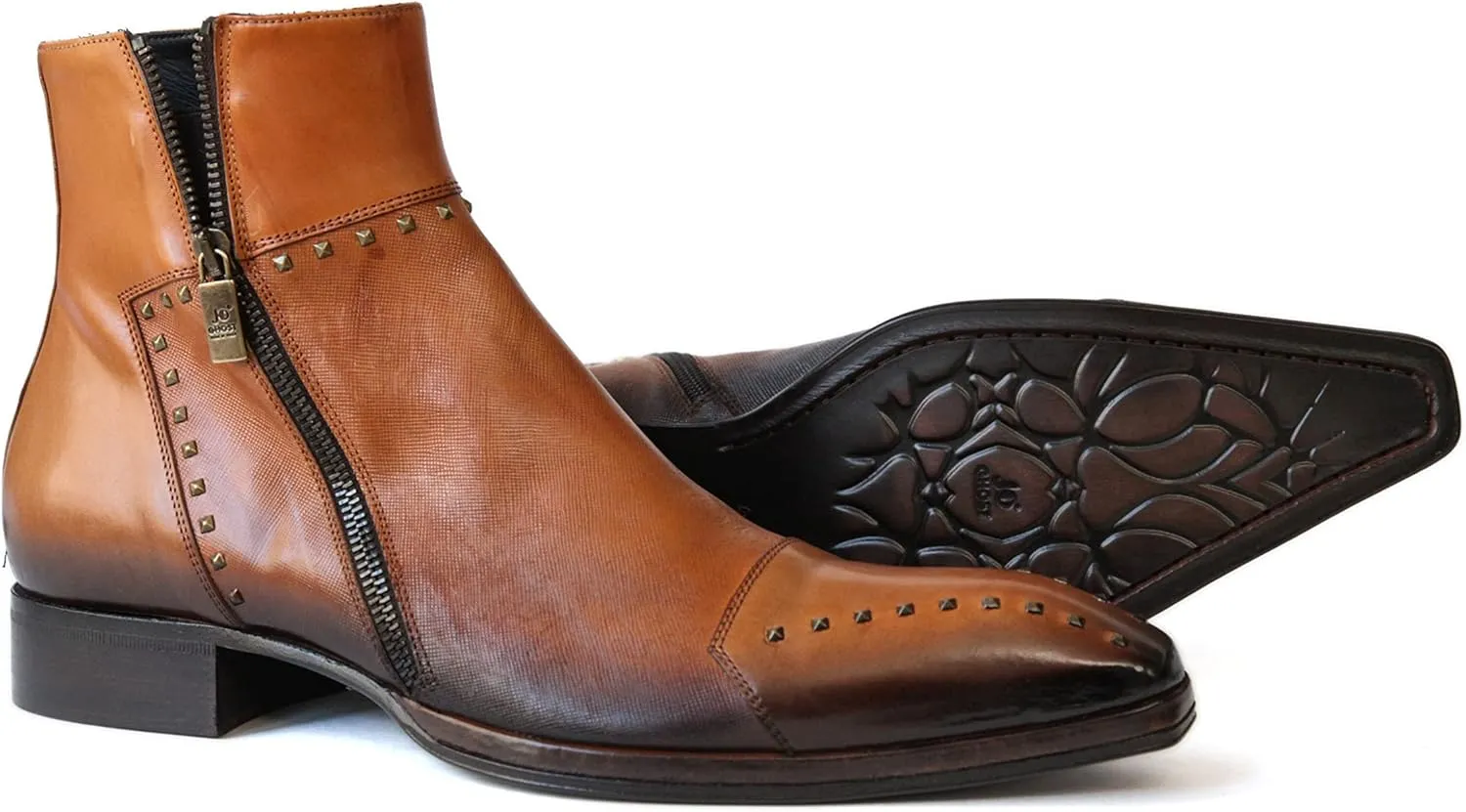 3516 Italian Cognac/Lazer Cut Leather Boots with Studs and Zippers