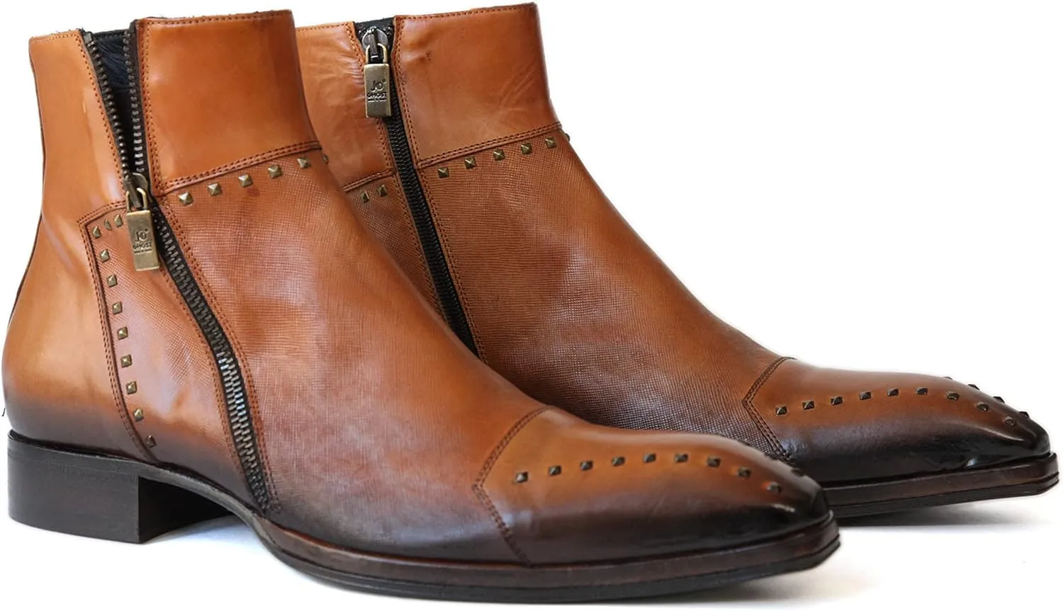 3516 Italian Cognac/Lazer Cut Leather Boots with Studs and Zippers