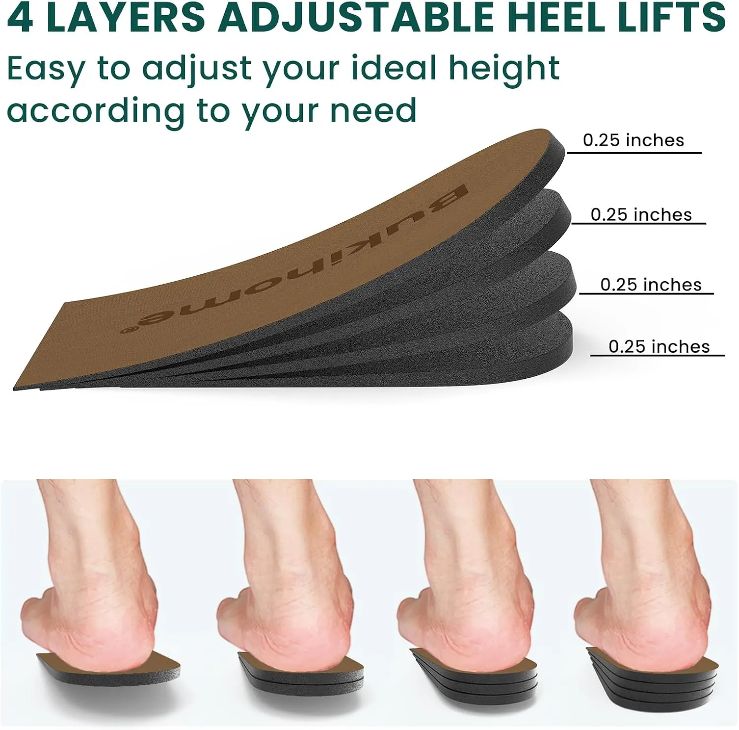 Adjustable Heel Lift Inserts for Shoes - Bukihome Orthopedic Shoe Lift for Uneven Legs 4 Layers Height Increase Insole for Heel Pain,Heel Spur,Achilles Tendonitis,Small,Brown,2 Pairs