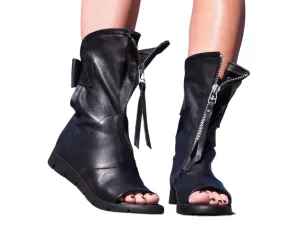 Adrenaline Fashion Elegant Black Open Toe Leather Boots with Zipper & Bow - Stylish Women's Footwear - Extravagant and Comfortable Ankle Peep Toe Booties with Cut-Out Design, Size 5 to 10