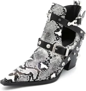 Aflngle Women's Chunky Heel Block Snakeskin Printed Ankle Boots Pointed Closed Toe Cutout Low Heel Slip on Chelsea Short Boots Rivet Western Cowboy Boots