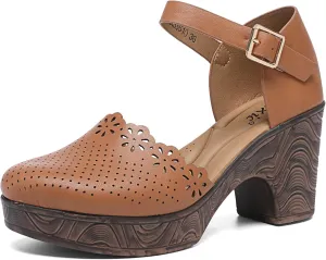 Altxic Women's Closed Round Toe Hollow Out Vamp Ankle Strap Buckle Low Block Chunky Heels Sandals
