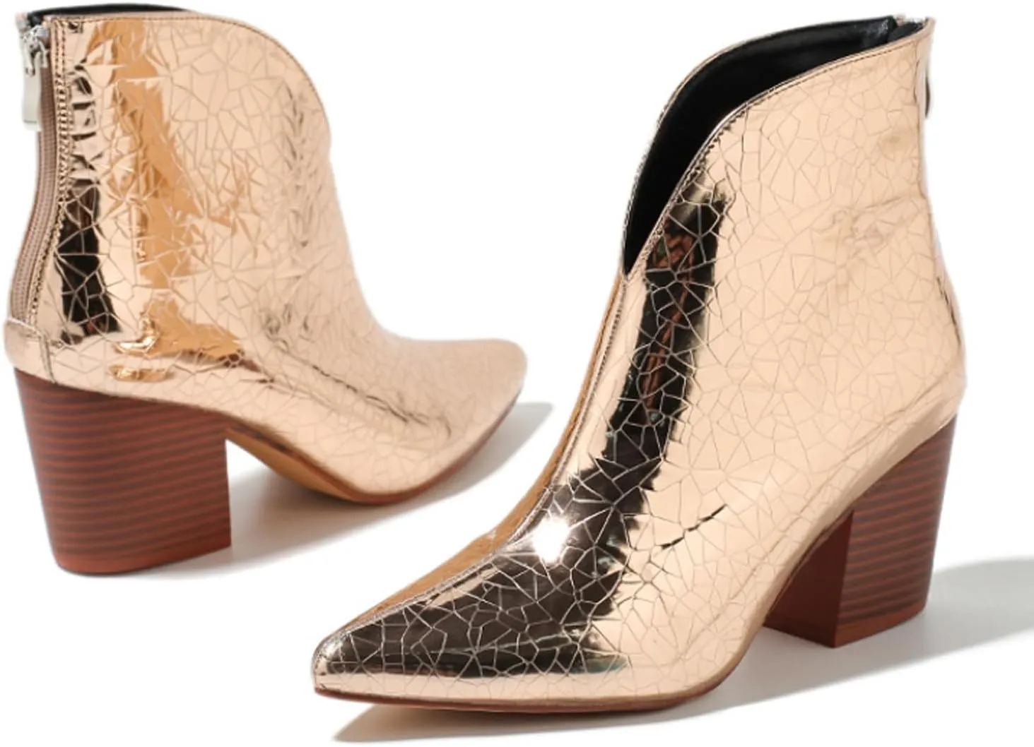 AMAZIDEAL Women's Snakeskin V Cut Chunky Heeled Slip On Ankle Boots,Fashion Pointed Toe Mid Block Heel Back Zipper Chelsea Booties