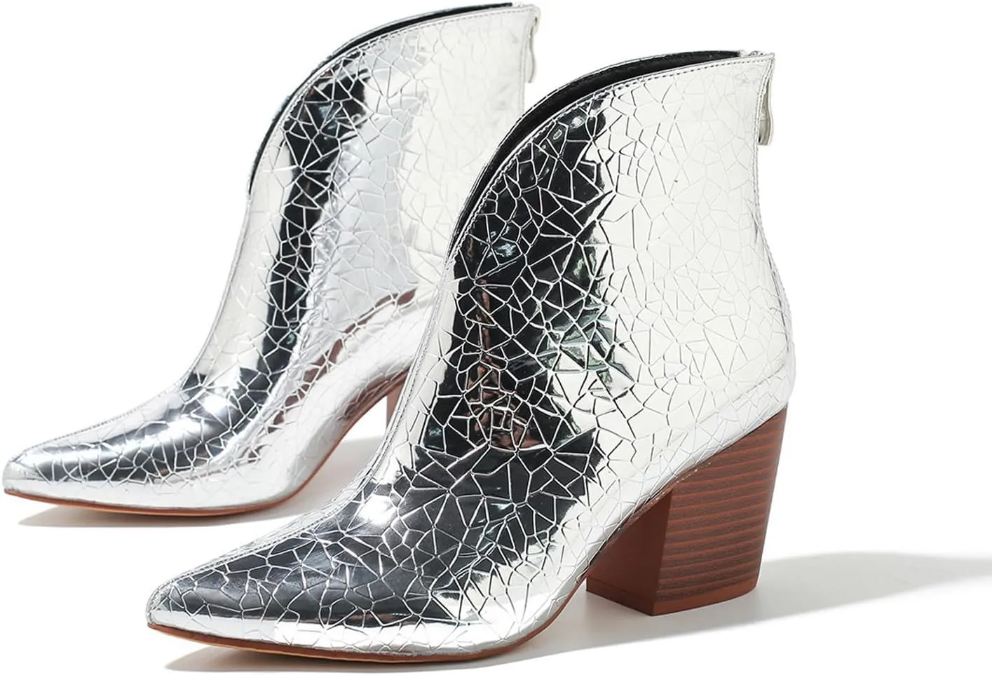 AMAZIDEAL Women's Snakeskin V Cut Chunky Heeled Slip On Ankle Boots,Fashion Pointed Toe Mid Block Heel Back Zipper Chelsea Booties