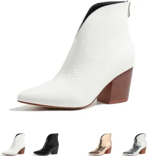 AMAZIDEAL Women's Snakeskin V Cut Chunky Heeled Slip On Ankle Boots,Fashion Pointed Toe Mid Block Heel Back Zipper Chelsea Booties