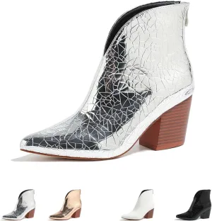 AMAZIDEAL Women's Snakeskin V Cut Chunky Heeled Slip On Ankle Boots,Fashion Pointed Toe Mid Block Heel Back Zipper Chelsea Booties