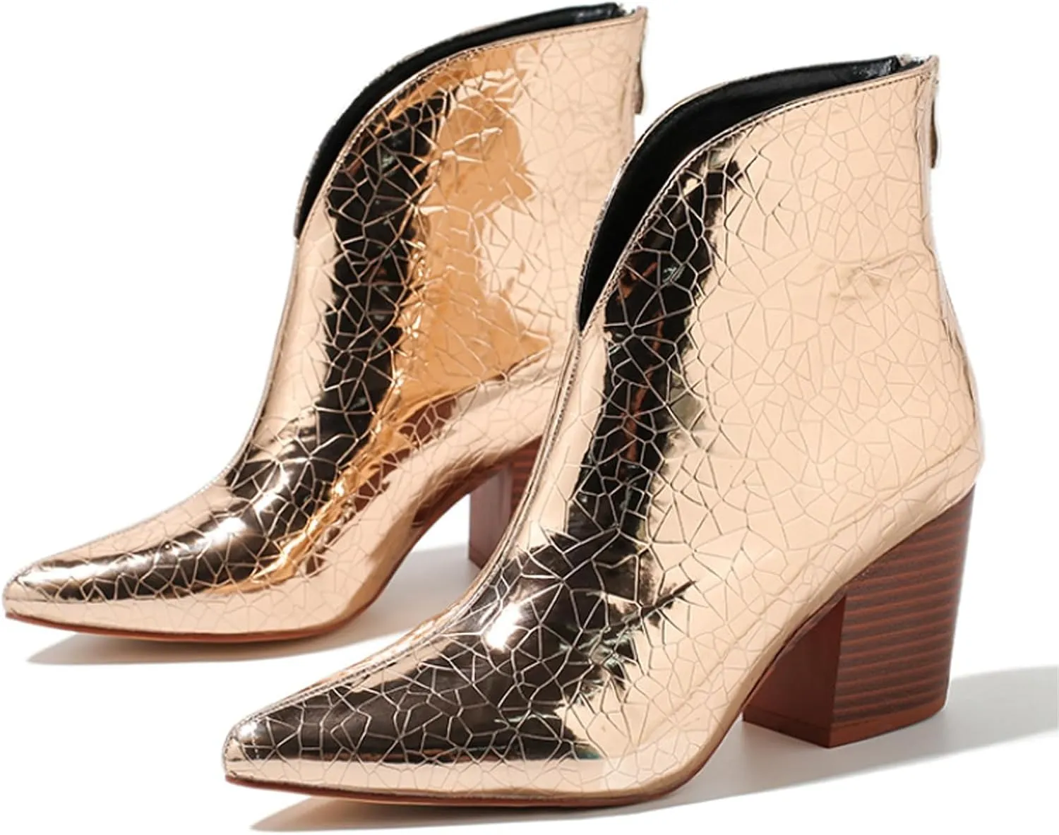AMAZIDEAL Women's Snakeskin V Cut Chunky Heeled Slip On Ankle Boots,Fashion Pointed Toe Mid Block Heel Back Zipper Chelsea Booties
