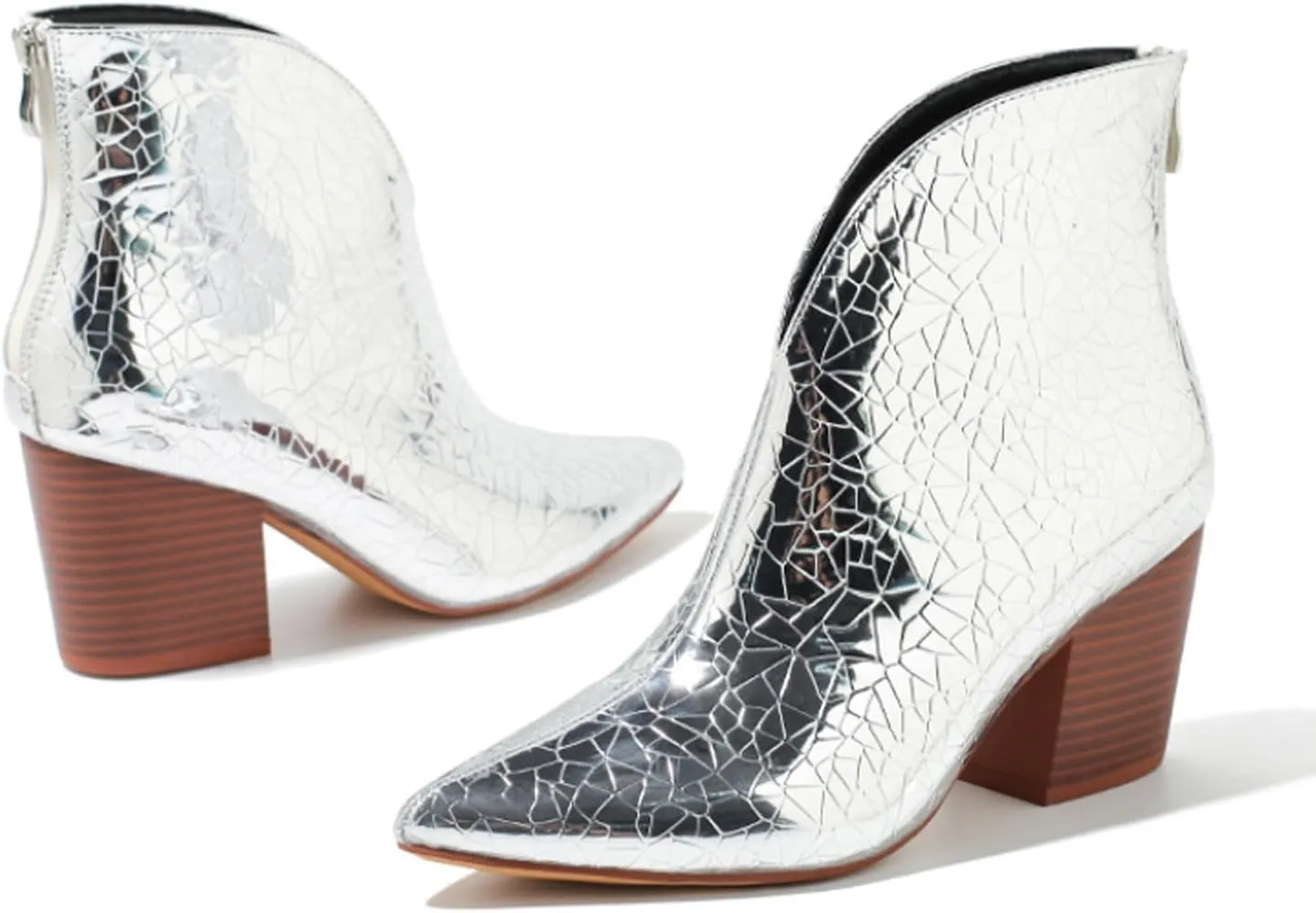AMAZIDEAL Women's Snakeskin V Cut Chunky Heeled Slip On Ankle Boots,Fashion Pointed Toe Mid Block Heel Back Zipper Chelsea Booties