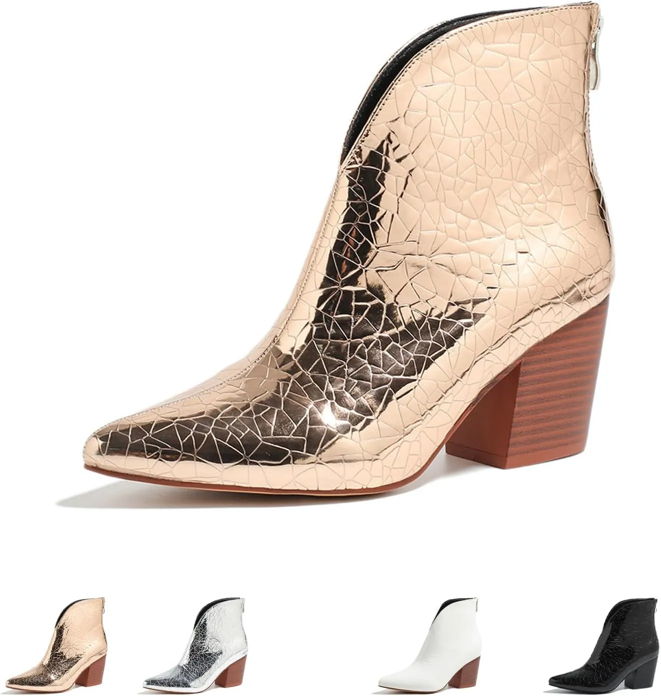 AMAZIDEAL Women's Snakeskin V Cut Chunky Heeled Slip On Ankle Boots,Fashion Pointed Toe Mid Block Heel Back Zipper Chelsea Booties