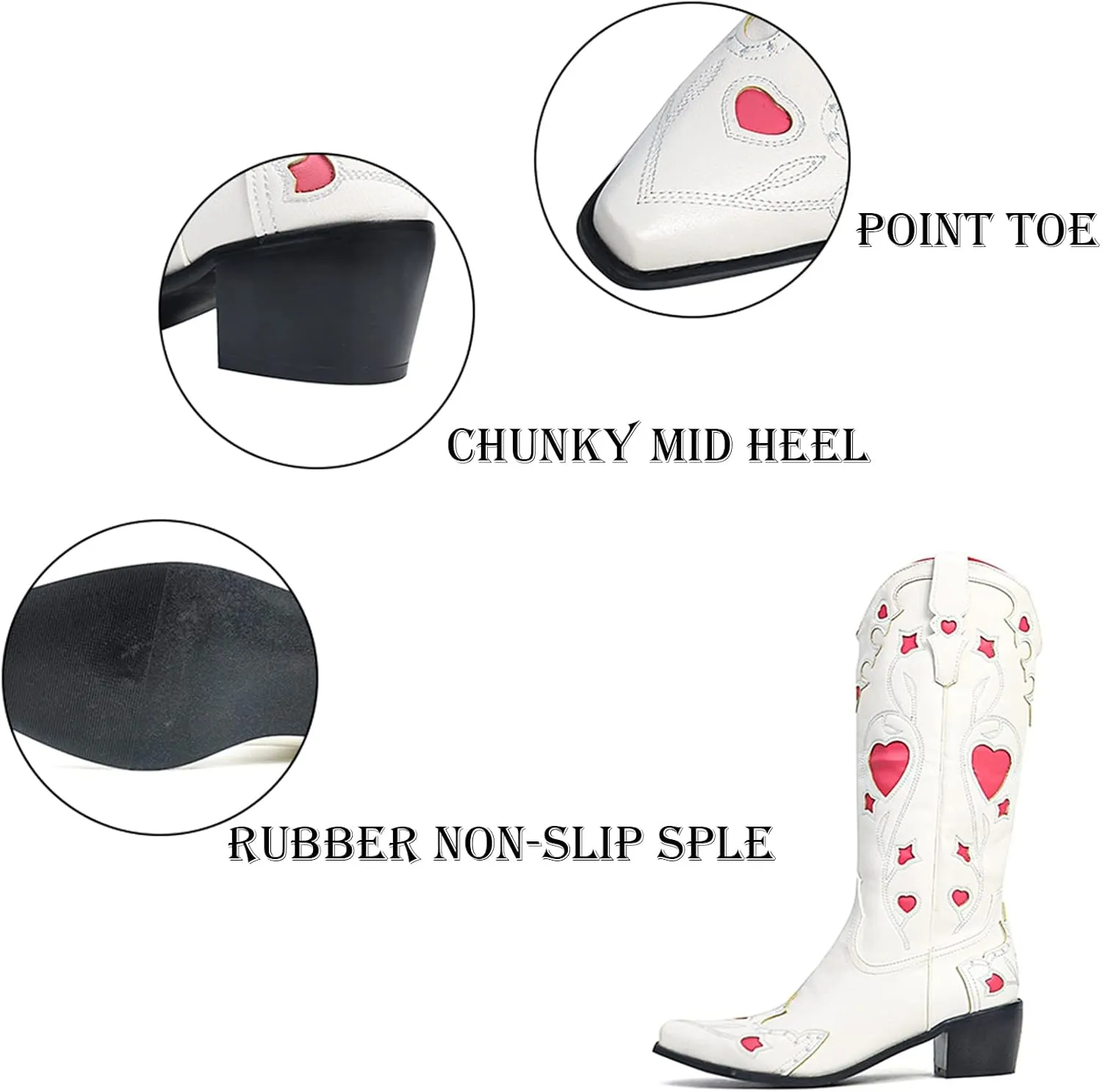 AMINUGAL Womens Mid Calf Embroidered Cut Out Cute Heart Cowgirl Boots Pull on Point Toe Chunky Heel Cowboy Boots Western Riding Boots For Women