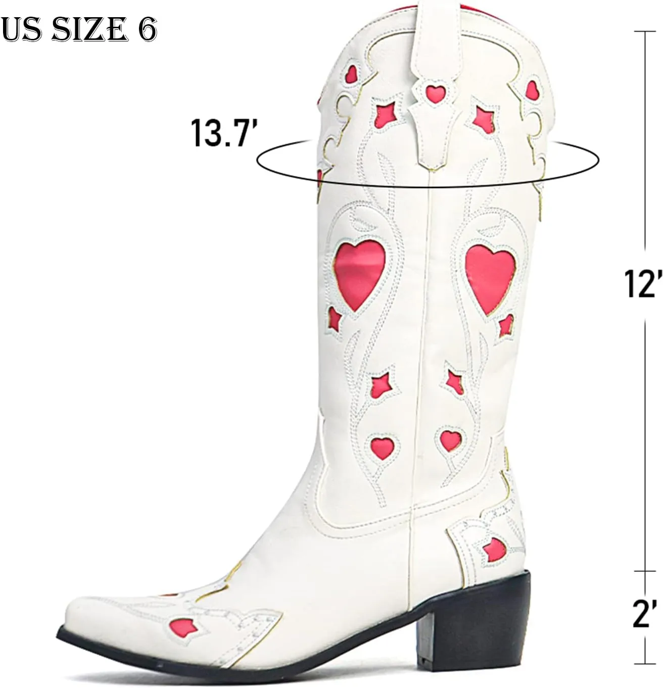 AMINUGAL Womens Mid Calf Embroidered Cut Out Cute Heart Cowgirl Boots Pull on Point Toe Chunky Heel Cowboy Boots Western Riding Boots For Women