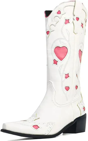 AMINUGAL Womens Mid Calf Embroidered Cut Out Cute Heart Cowgirl Boots Pull on Point Toe Chunky Heel Cowboy Boots Western Riding Boots For Women