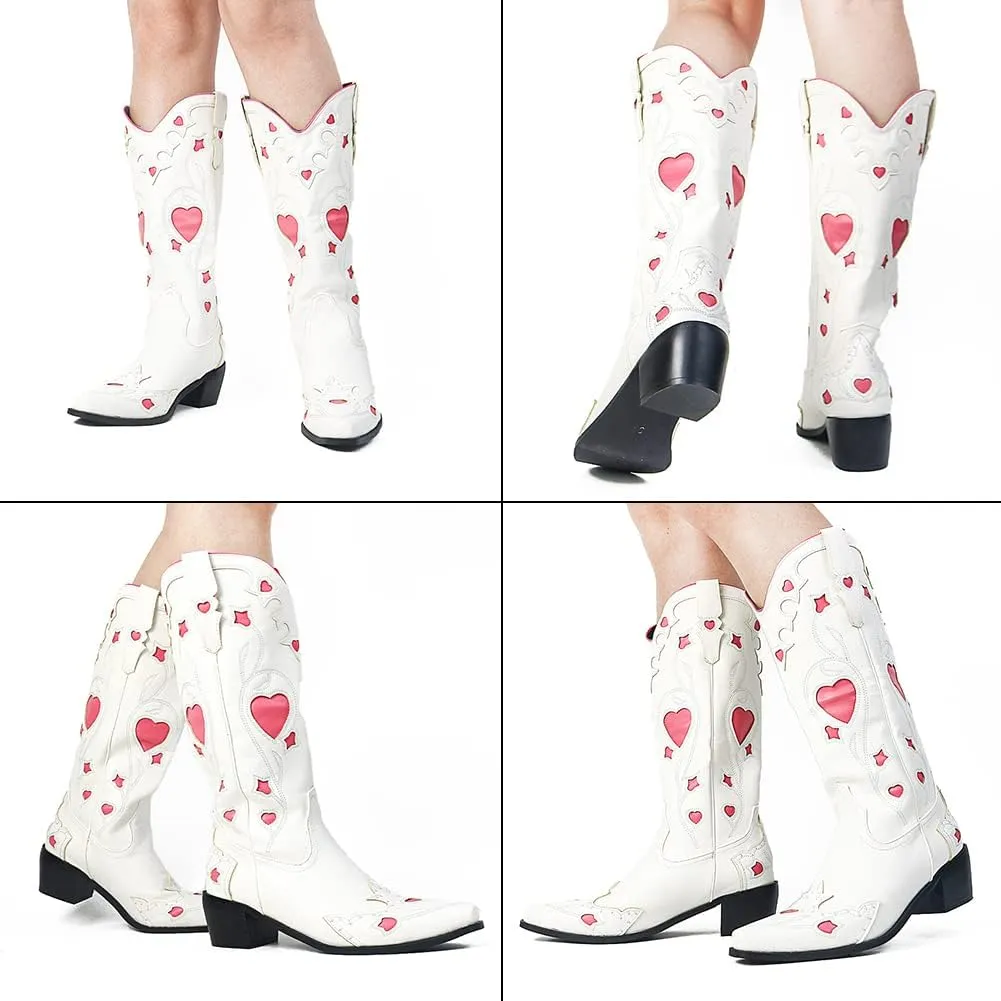 AMINUGAL Womens Mid Calf Embroidered Cut Out Cute Heart Cowgirl Boots Pull on Point Toe Chunky Heel Cowboy Boots Western Riding Boots For Women