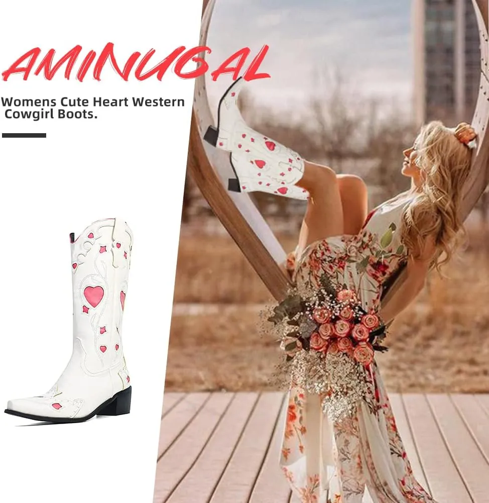 AMINUGAL Womens Mid Calf Embroidered Cut Out Cute Heart Cowgirl Boots Pull on Point Toe Chunky Heel Cowboy Boots Western Riding Boots For Women