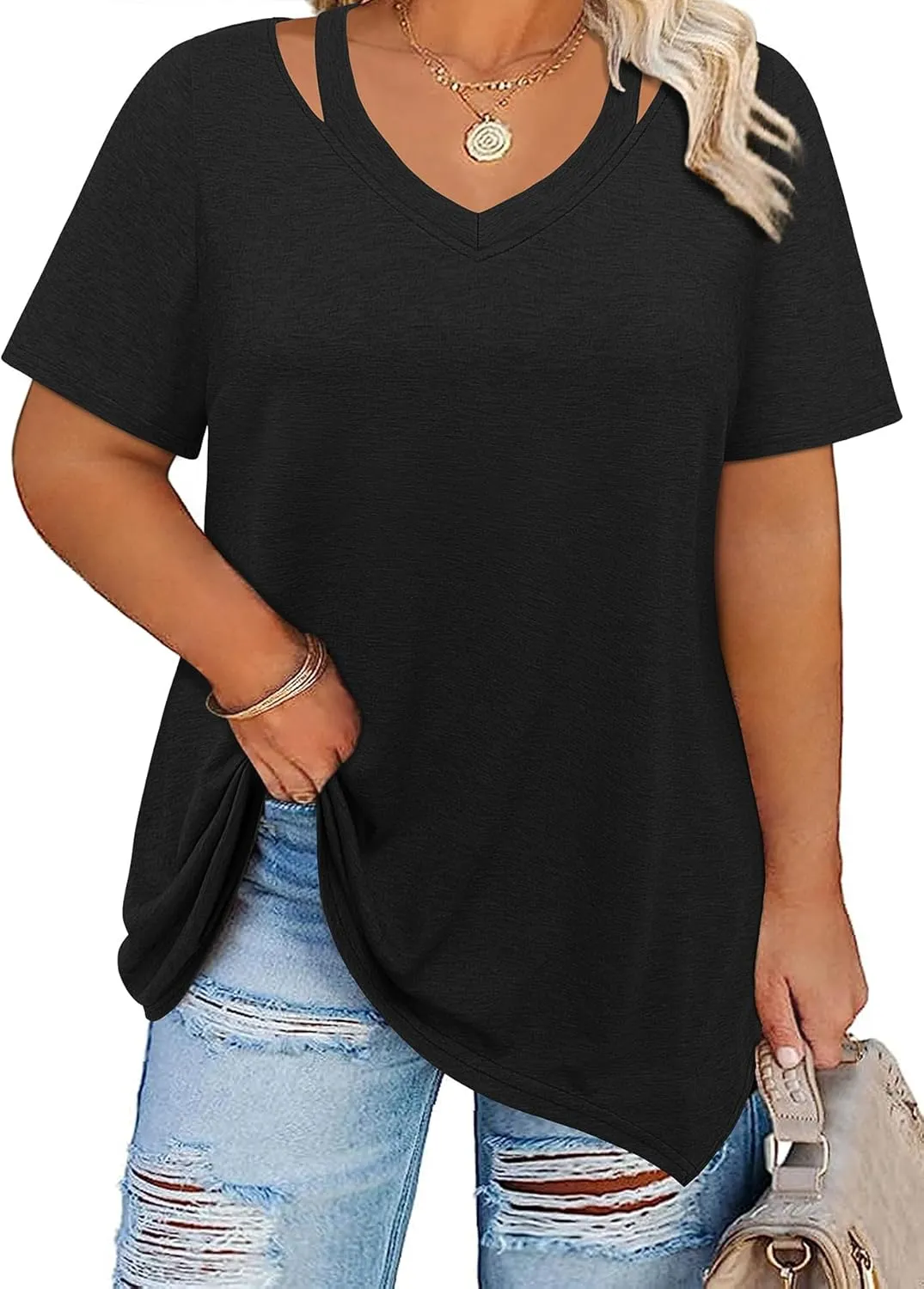 Amrto Women Plus Size Tops Cut Out V Neck 3/4 Sleeve Blouses Dressy Casual Tunic Tops to Wear with Leggings