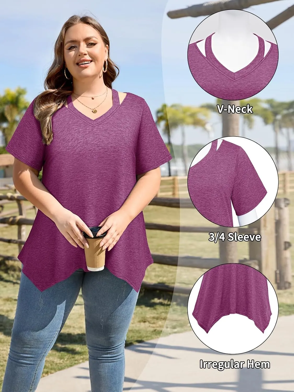 Amrto Women Plus Size Tops Cut Out V Neck 3/4 Sleeve Blouses Dressy Casual Tunic Tops to Wear with Leggings