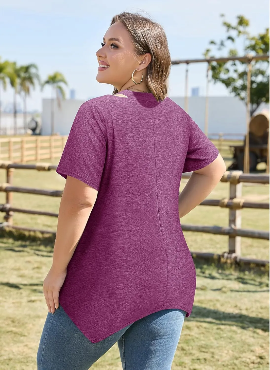 Amrto Women Plus Size Tops Cut Out V Neck 3/4 Sleeve Blouses Dressy Casual Tunic Tops to Wear with Leggings