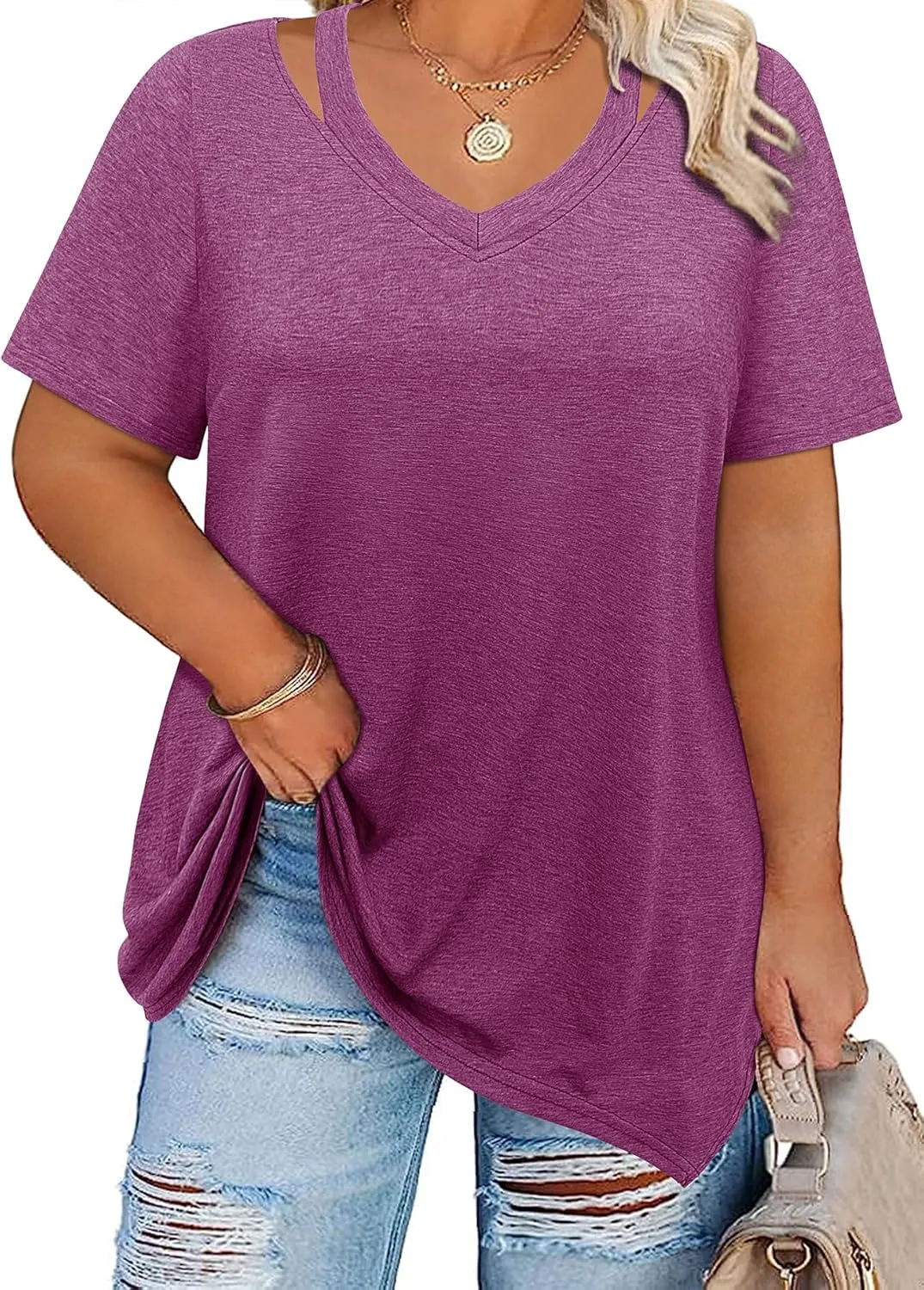 Amrto Women Plus Size Tops Cut Out V Neck 3/4 Sleeve Blouses Dressy Casual Tunic Tops to Wear with Leggings