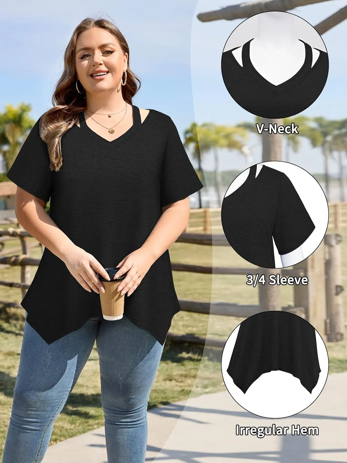 Amrto Women Plus Size Tops Cut Out V Neck 3/4 Sleeve Blouses Dressy Casual Tunic Tops to Wear with Leggings