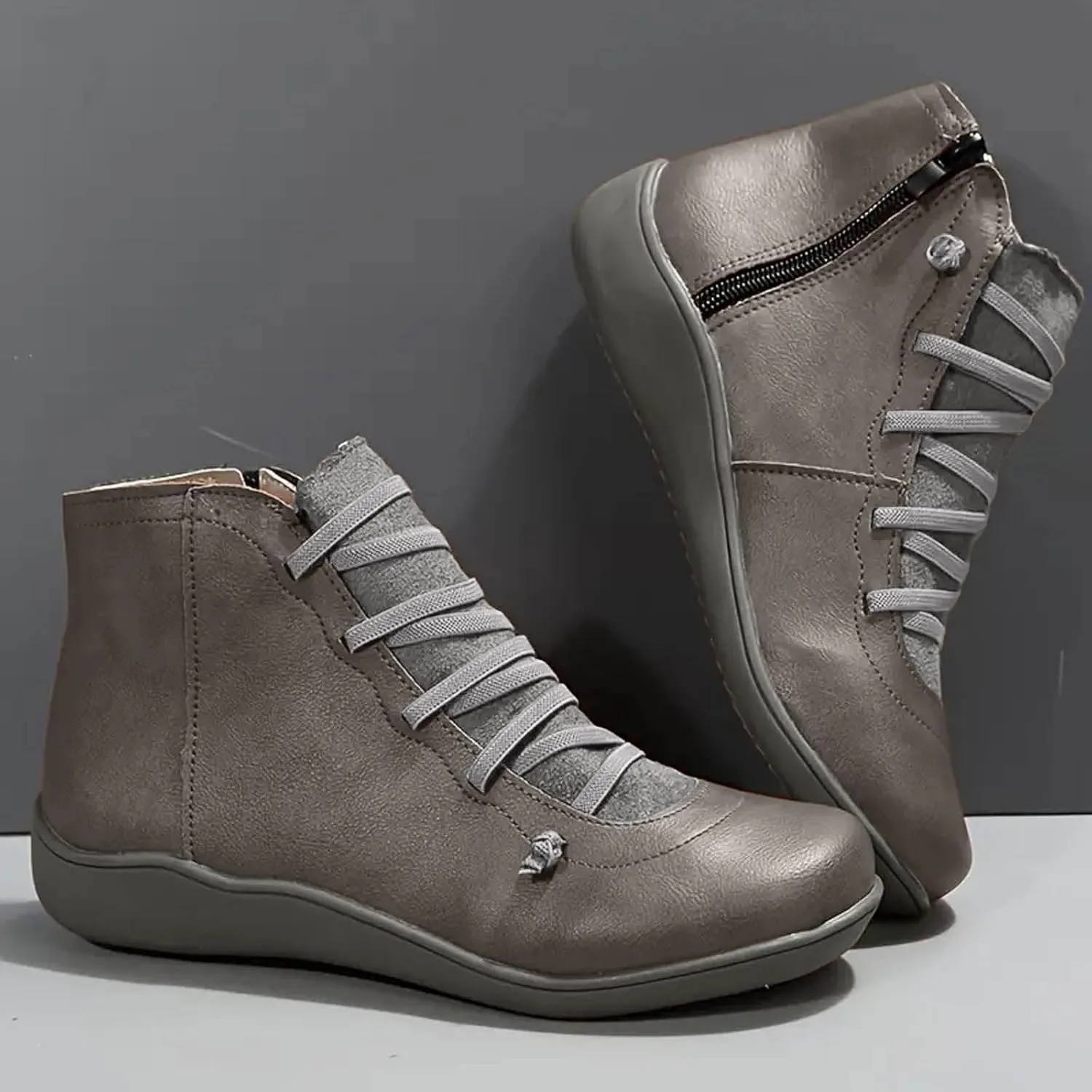 Ankle Boots for Women Low Heel Orthopedic Boots Arch Support Leather Comfortable Side Zip Fall Winter Wedge Booties