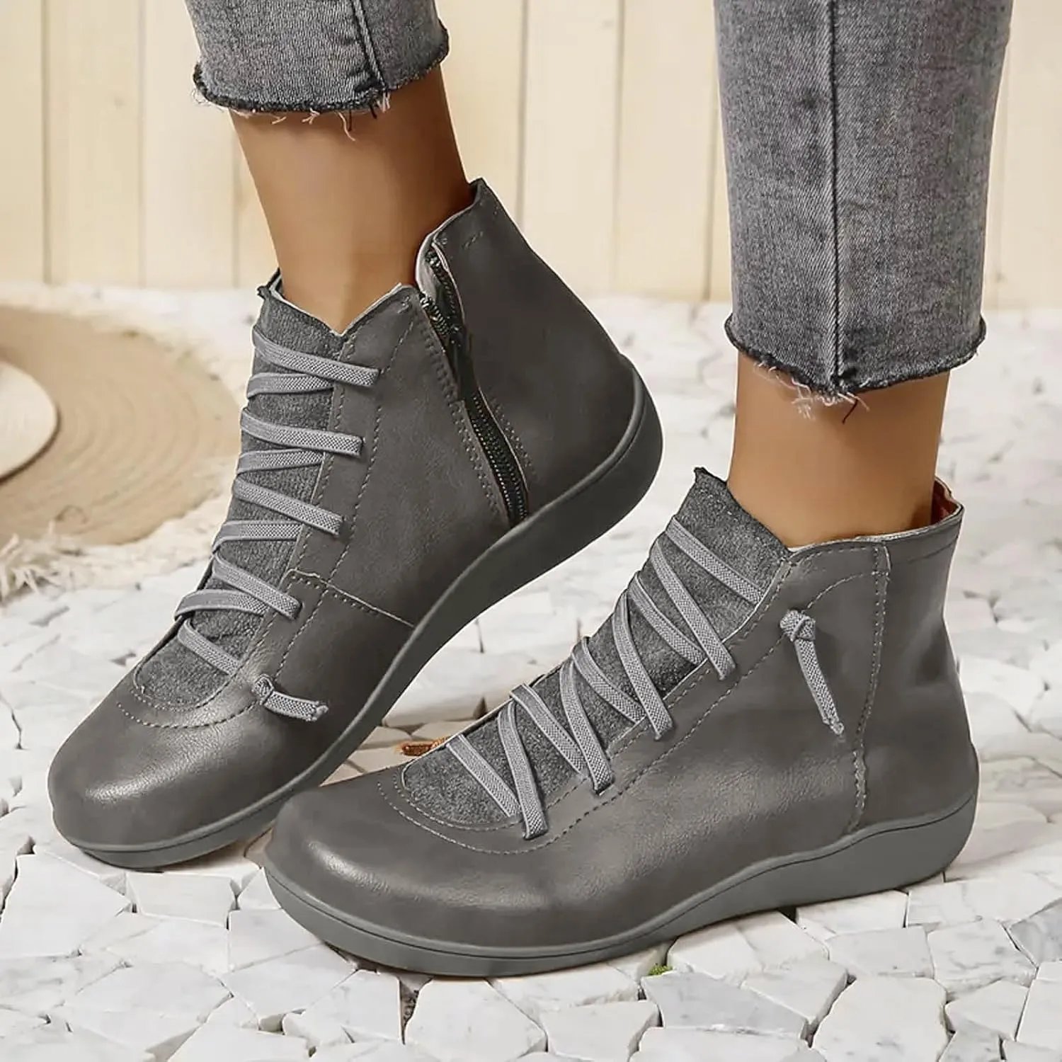 Ankle Boots for Women Low Heel Orthopedic Boots Arch Support Leather Comfortable Side Zip Fall Winter Wedge Booties