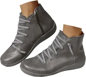 Ankle Boots for Women Low Heel Orthopedic Boots Arch Support Leather Comfortable Side Zip Fall Winter Wedge Booties