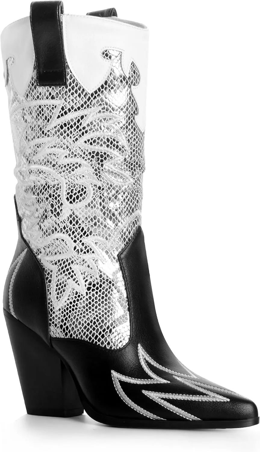 ANN CREEK Women's Contrast Cowboy Boots Cowgirl Mid Calf Boots