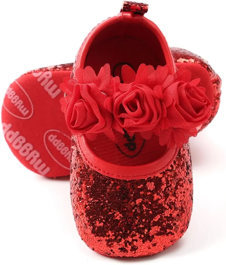 Antheron Baby Girls Mary Jane Flats Soft Sole Infant Moccasins Floral Sparkly Toddler Princess Dress Shoes