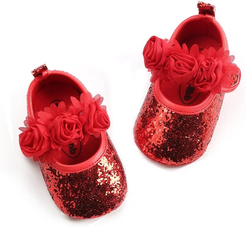 Antheron Baby Girls Mary Jane Flats Soft Sole Infant Moccasins Floral Sparkly Toddler Princess Dress Shoes