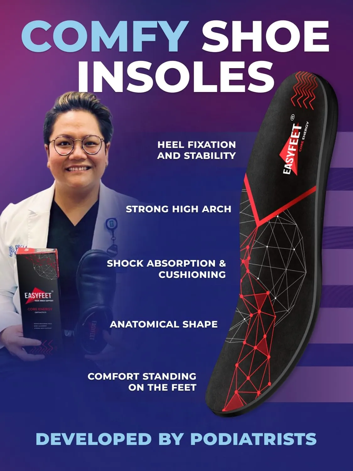 Anti-Fatigue Plantar Fasciitis Shoe Insoles - High Arch Support Insoles - Inserts Orthotics Men Women - Heel Arch Feet Pain Flat Feet - Work Boot Inserts Hiking Running