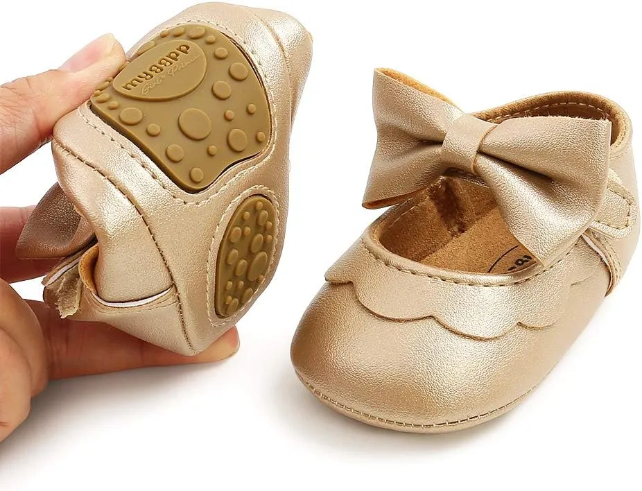 Babelvit Baby Girls Premium Bowknot Mary Jane Flats Wedding Princess Dress Baptism Shoes Rubber Sole PU Leather Infant Toddler First Walking Moccasins Crib Shoes
