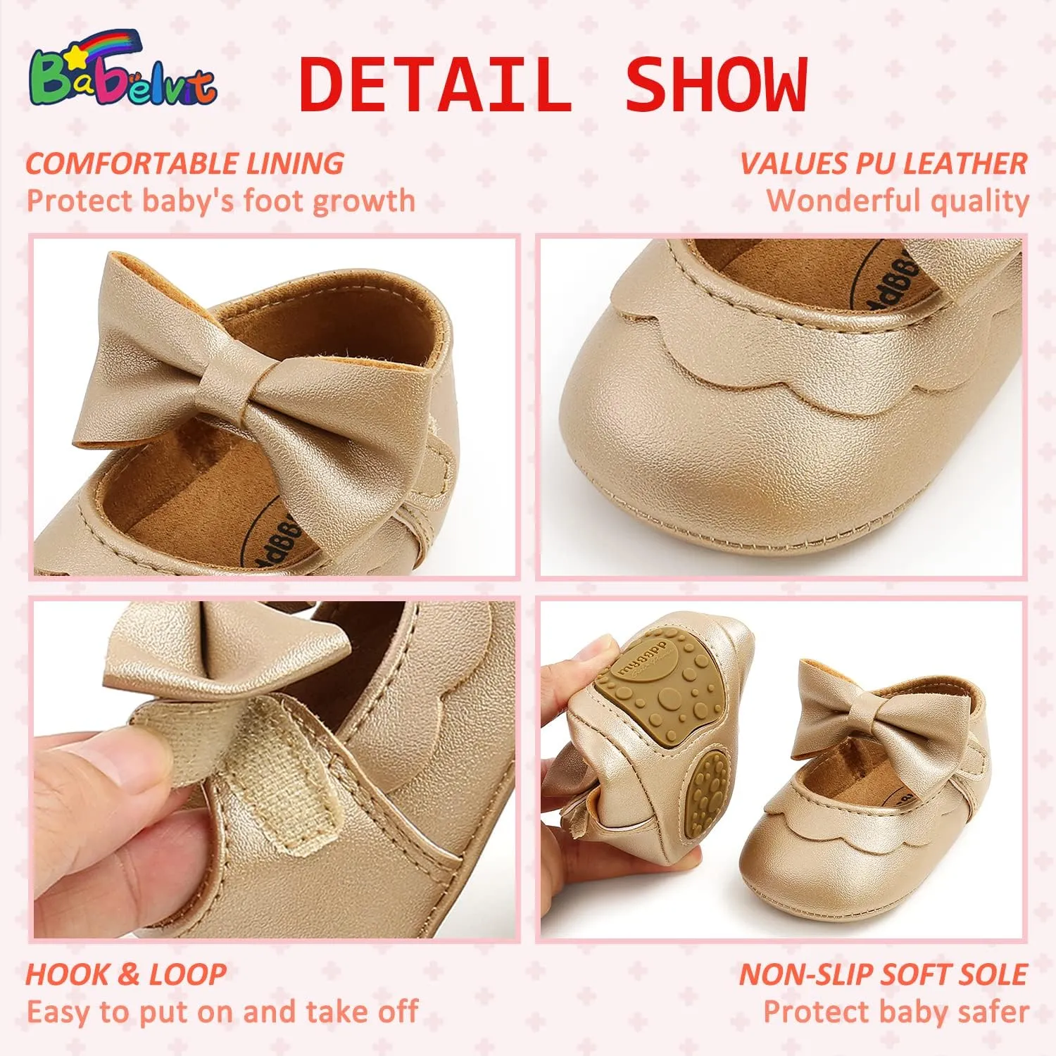 Babelvit Baby Girls Premium Bowknot Mary Jane Flats Wedding Princess Dress Baptism Shoes Rubber Sole PU Leather Infant Toddler First Walking Moccasins Crib Shoes
