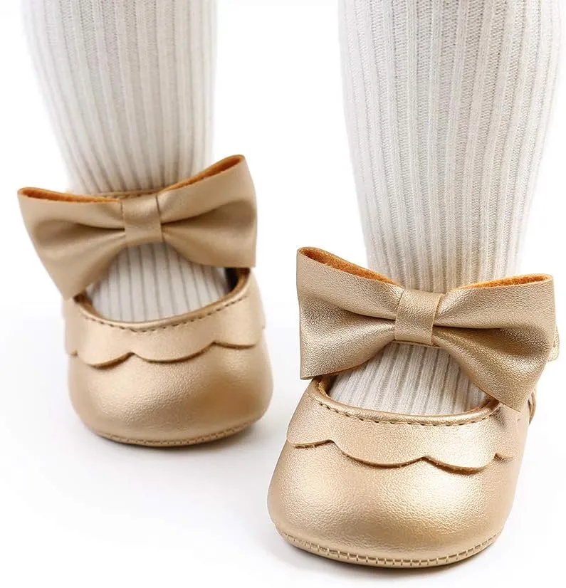 Babelvit Baby Girls Premium Bowknot Mary Jane Flats Wedding Princess Dress Baptism Shoes Rubber Sole PU Leather Infant Toddler First Walking Moccasins Crib Shoes