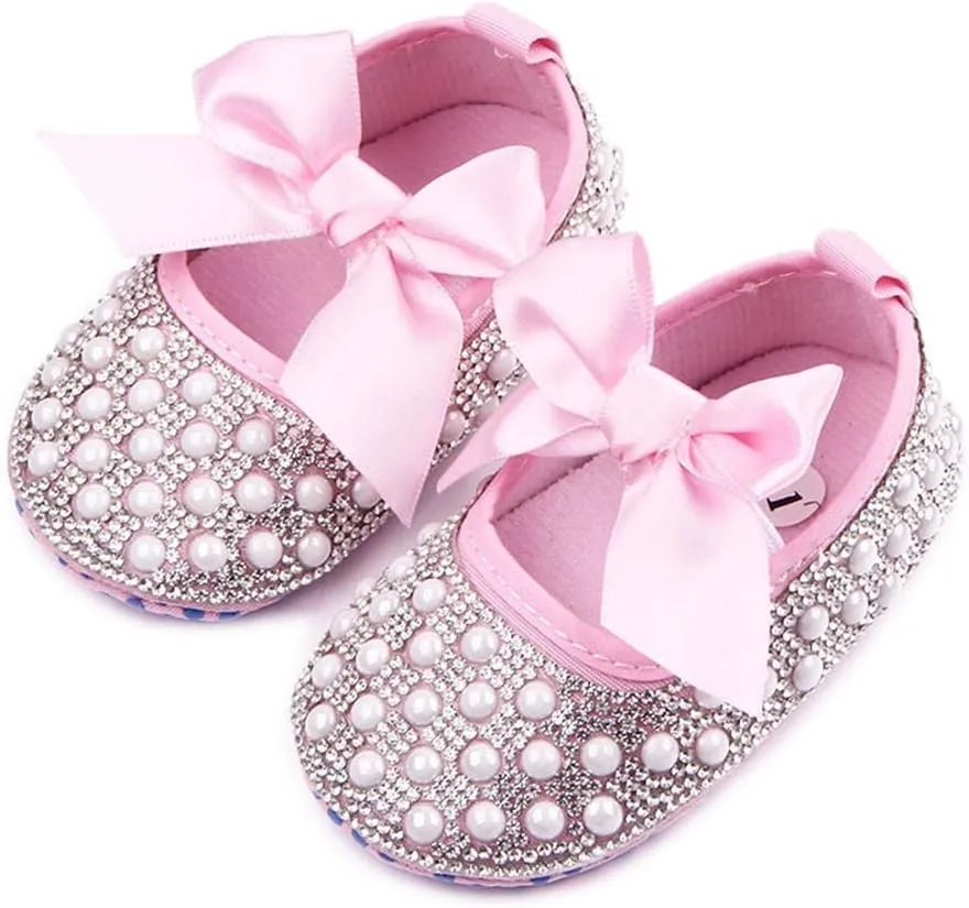 Baby Girls Mary Jane Flats Sparkly Bow Diamonds Princess Dress Shoes Anti-Slip Infant Crib Shoes