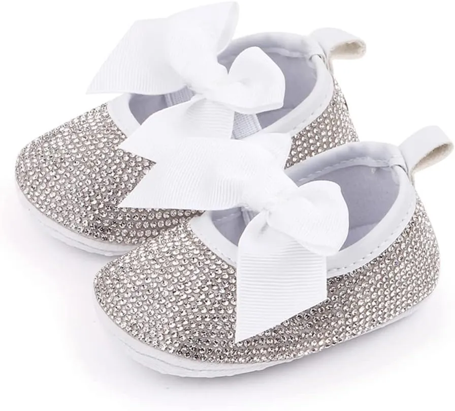 Baby Girls Mary Jane Flats Sparkly Bow Diamonds Princess Dress Shoes Anti-Slip Infant Crib Shoes