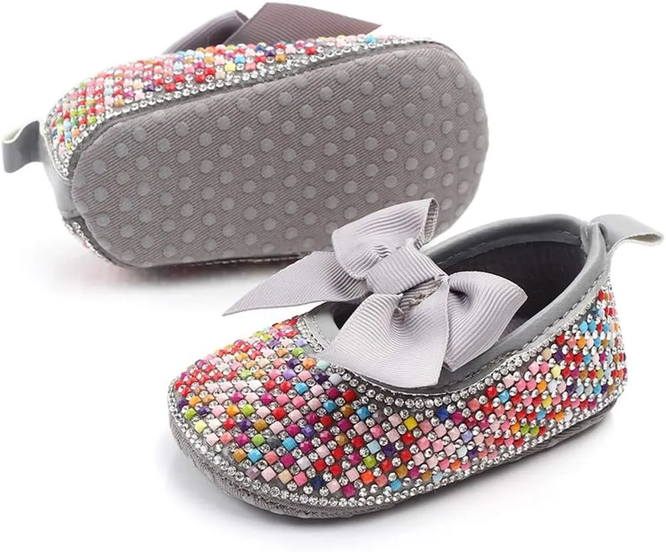 Baby Girls Mary Jane Flats Sparkly Bow Diamonds Princess Dress Shoes Anti-Slip Infant Crib Shoes