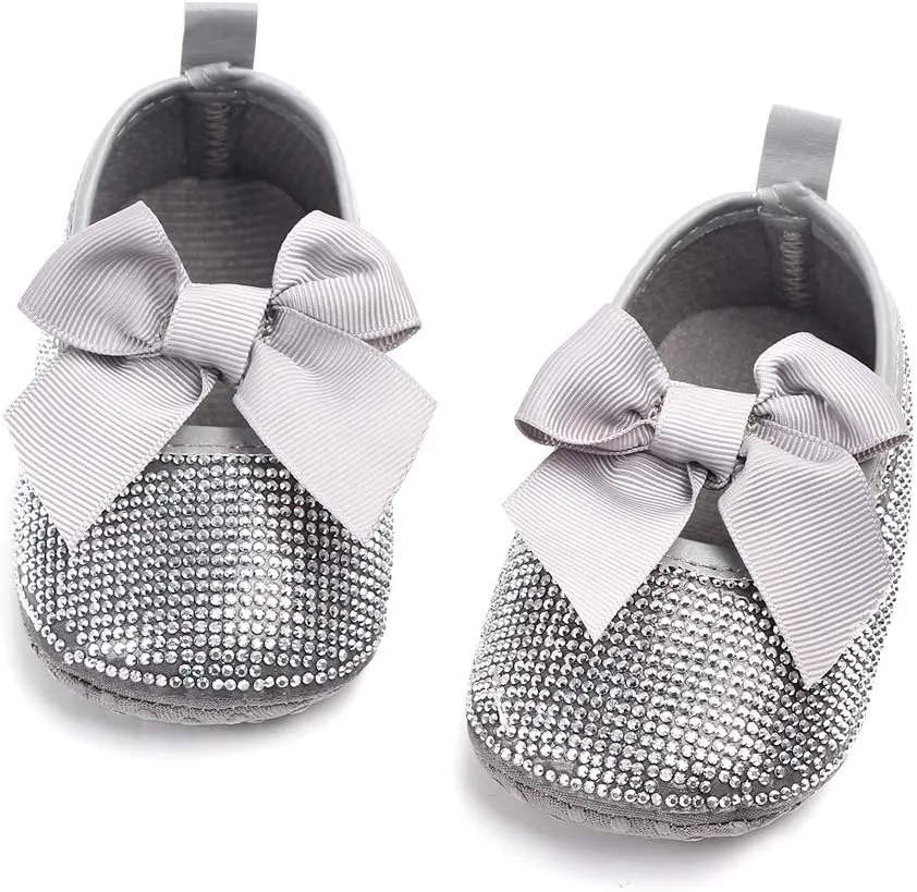 Baby Girls Mary Jane Flats Sparkly Bow Diamonds Princess Dress Shoes Anti-Slip Infant Crib Shoes