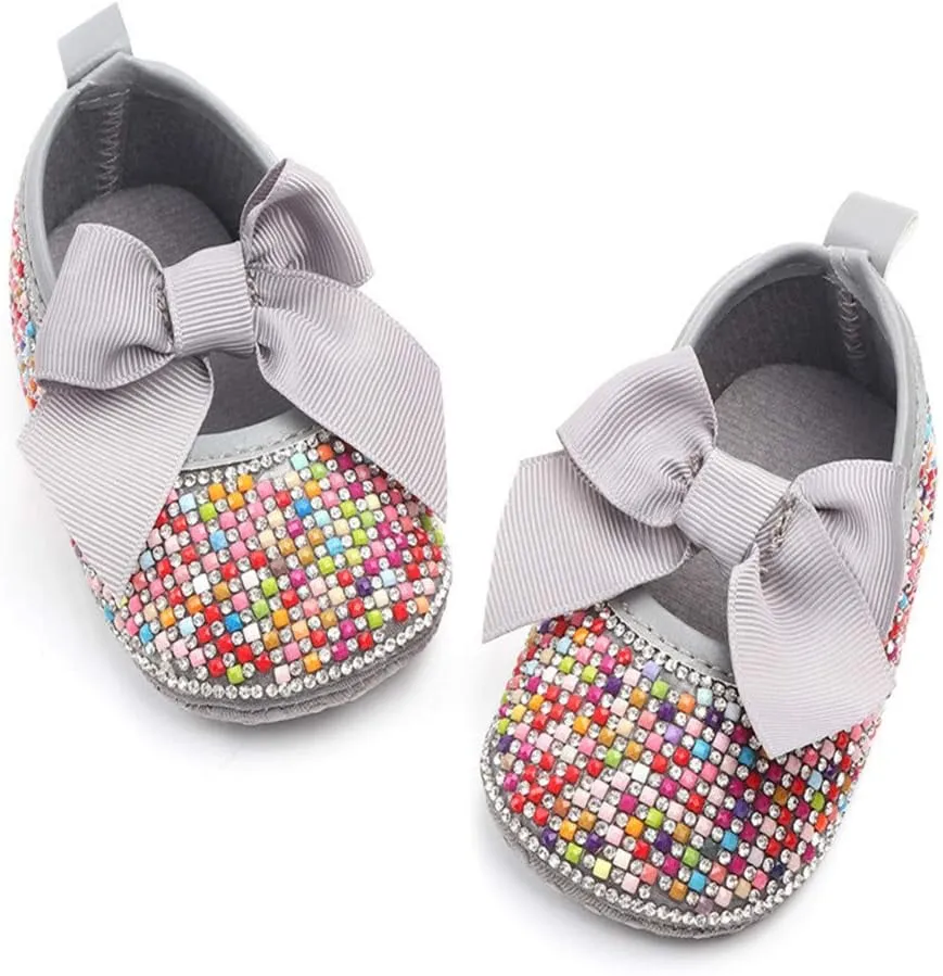 Baby Girls Mary Jane Flats Sparkly Bow Diamonds Princess Dress Shoes Anti-Slip Infant Crib Shoes