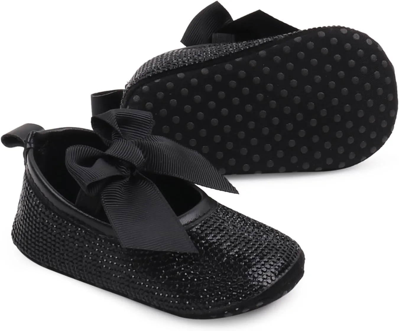 Baby Girls Mary Jane Flats Sparkly Bow Diamonds Princess Dress Shoes Anti-Slip Infant Crib Shoes