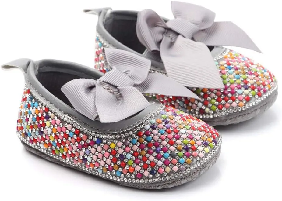Baby Girls Mary Jane Flats Sparkly Bow Diamonds Princess Dress Shoes Anti-Slip Infant Crib Shoes