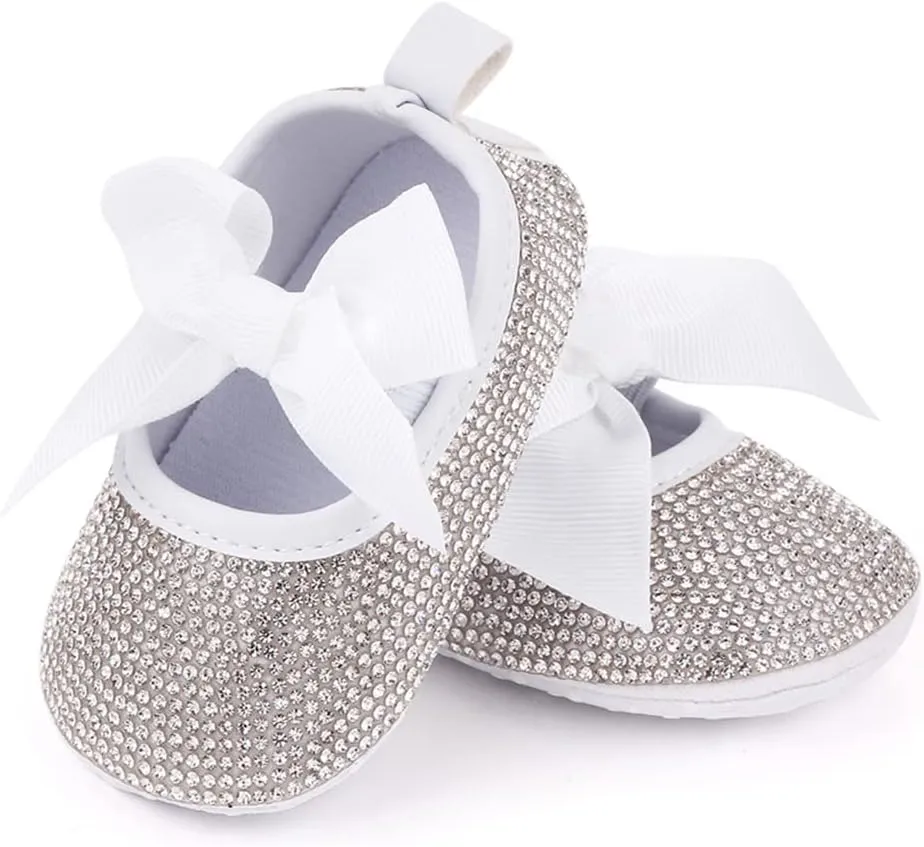 Baby Girls Mary Jane Flats Sparkly Bow Diamonds Princess Dress Shoes Anti-Slip Infant Crib Shoes