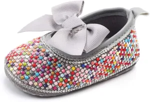 Baby Girls Mary Jane Flats Sparkly Bow Diamonds Princess Dress Shoes Anti-Slip Infant Crib Shoes