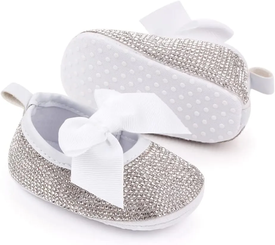 Baby Girls Mary Jane Flats Sparkly Bow Diamonds Princess Dress Shoes Anti-Slip Infant Crib Shoes
